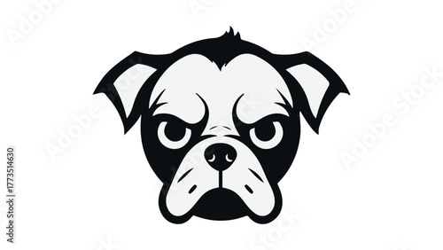 angry pug dog face shape portrait, simple black and white illustration of angry pug dog face on white background