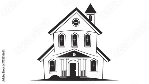 church like building vector illustration black and white shape, black and white shape of a big cartoon style house shape