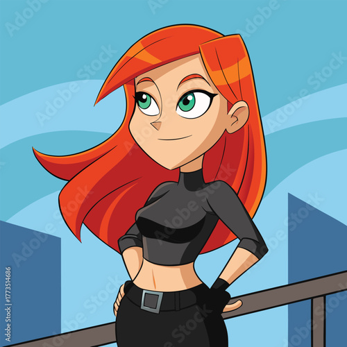 Animated red haired woman in black outfit against blue sky