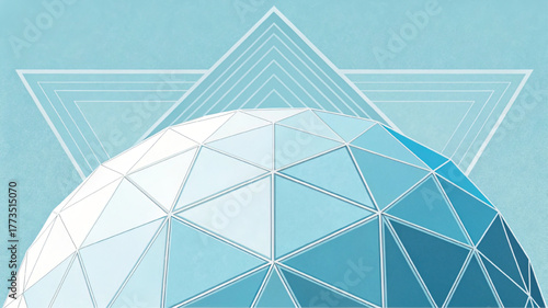 A geometric background with a blue lowpoly dome and abstract triangle shapes. This modern vector concept illustrates a geodesic sphere, technology, or scientific structure.