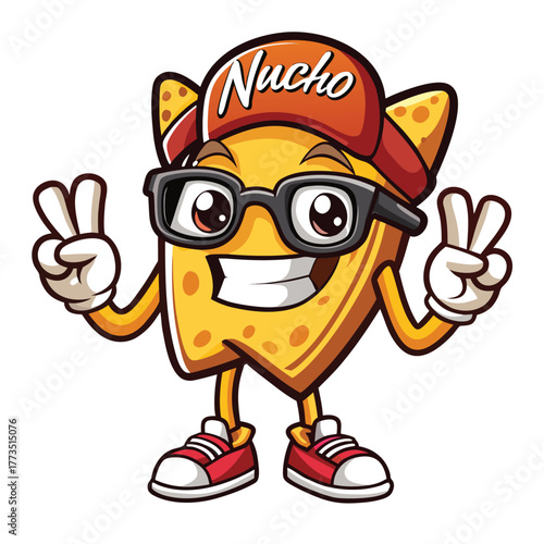Cool nacho character wearing glasses and hat making peace signs