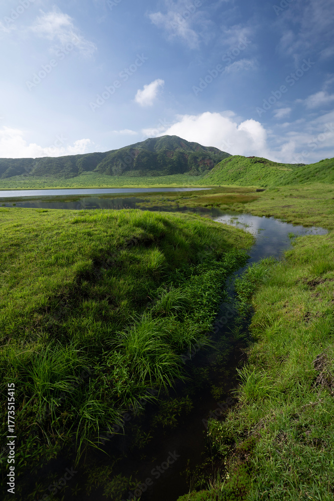 Fototapeta premium Vast grasslands of Kusasenri in Aso, Kumamoto, Japan. A tranquil volcanic plain where clear blue skies, lush green fields, and gentle water streams create a breathtaking natural harmony.