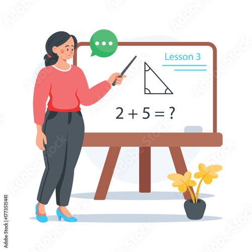 Math teacher explaining a lesson on board during class, flat illustration
