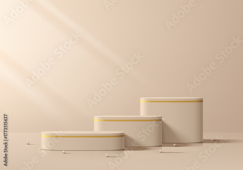 Realistic beige 3D round podium luxury background with window light on wall scene. Minimalist mockup pedestal, Abstract product display presentation, Stage showcase. Platforms vector geometric design.