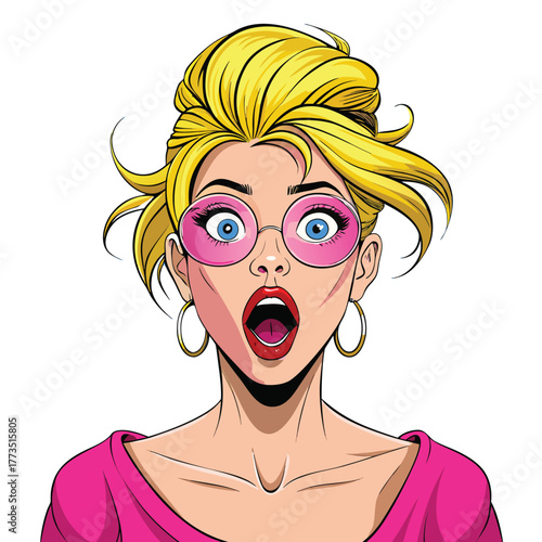 Surprised woman with big eyes and open mouth wearing pink glasses