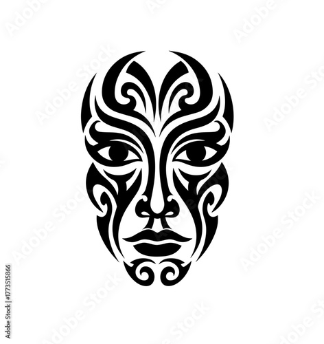 A striking monochrome vector illustration of a symmetrical human face or mask, intricately designed with bold, swirling Polynesian-inspired tribal tattoo patterns