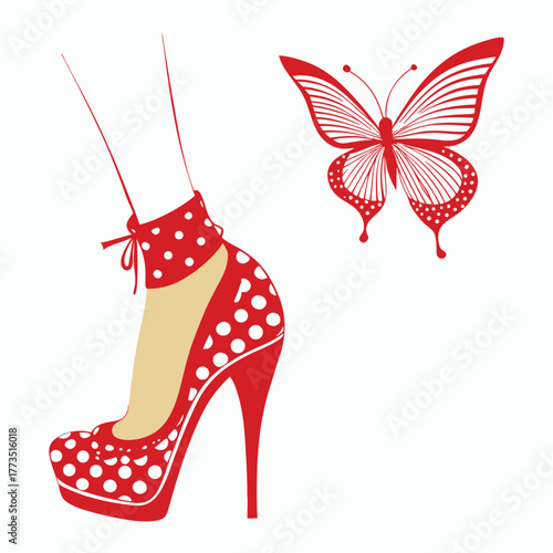 Red polka dot high heel shoe and butterfly design