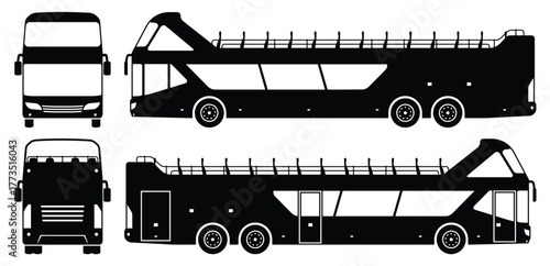 Hop-on hop-off bus silhouettes showing front, side, and rear views. Simple silhouette style vector illustration for easy use in design projects.