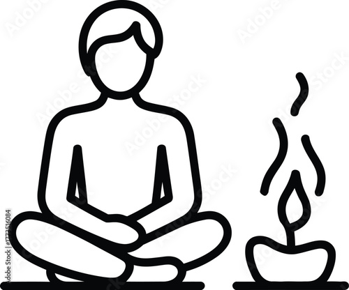 Meditation Line Icon with Candle - Symbol of Mindfulness, Yoga, Peace, and Spiritual Enlightenment