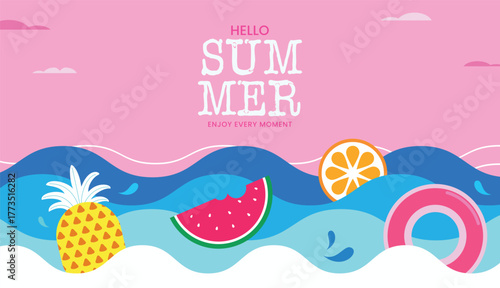 Bright summer background with tropical fruits, ocean waves, and pink sky. Perfect for travel ads, banners, invitations, or seasonal marketing designs with a fresh summer vibe.