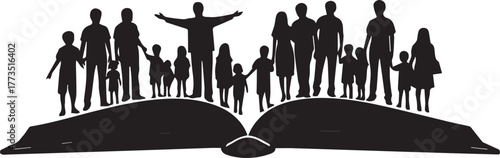 Human rights day silhouettes diverse people family book open concept symbolizing unity equality