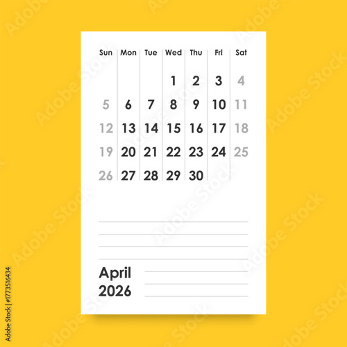 Calendar april 2026 icon in flat style. Planner vector illustration on isolated background. Calender sign business concept.
