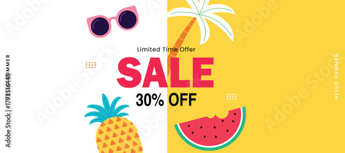 Hello Summer Sale banner with tropical fruits and palm tree. Modern promotional design with bright yellow background, sunglasses, pineapple, and watermelon for seasonal marketing.