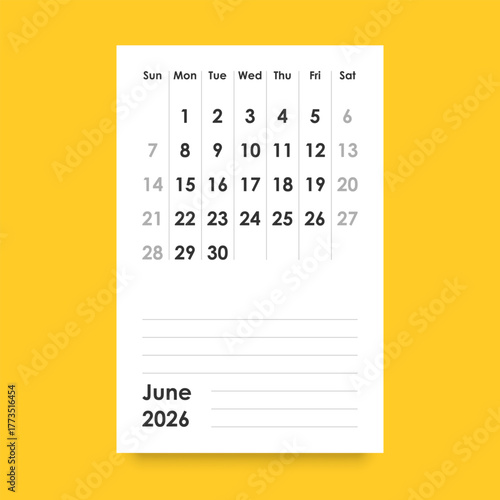 Calendar june 2026 icon in flat style. Planner vector illustration on isolated background. Calender sign business concept.