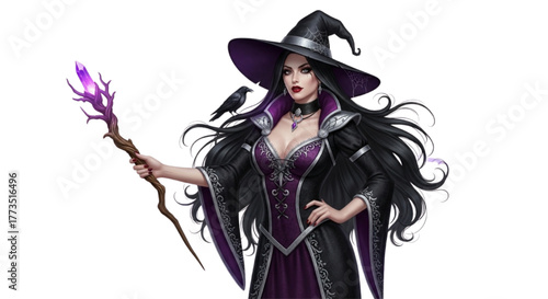 Dark Fantasy Witch Sorceress Illustration with Magic Staff, Raven, and Purple Crystal