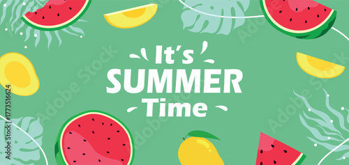It’s Summer Time background with tropical fruits and leaves. Bright seasonal design featuring watermelon, mango, and palm leaves in flat modern style for summer promotions and posters.