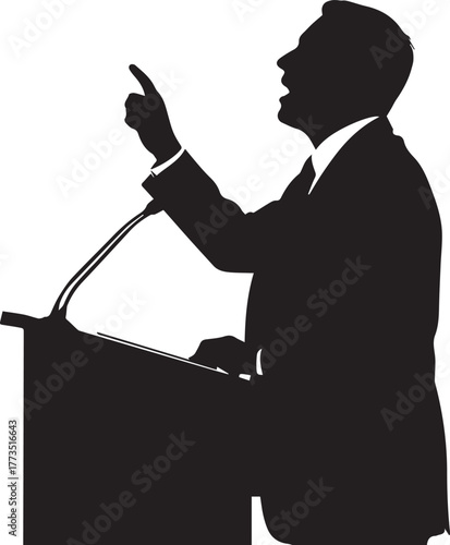 Silhouette of a determined man speaking passionately at a podium during human rights day event