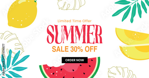 Summer Sale banner with tropical fruits and leaves. Modern promotional template featuring lemon, watermelon, and palm leaves for seasonal marketing and online store offers.