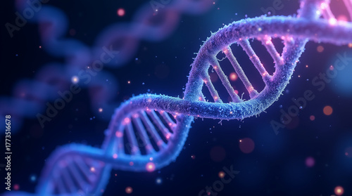 3D illustration of a DNA double helix structure on a glowing blue and purple background.