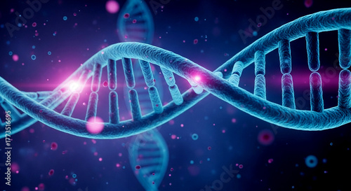 3D illustration of a DNA double helix structure on a glowing blue and purple background.