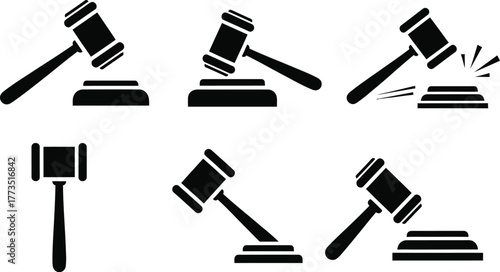 Gavel of justice icon set. Gavel symbol of law, court authority, and legal judgement.