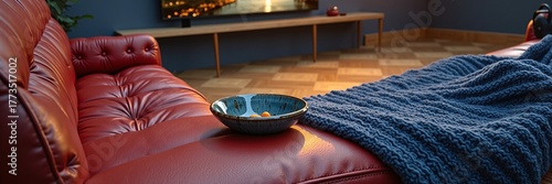 Cozy living room with red leather sofa and blue knit blanket