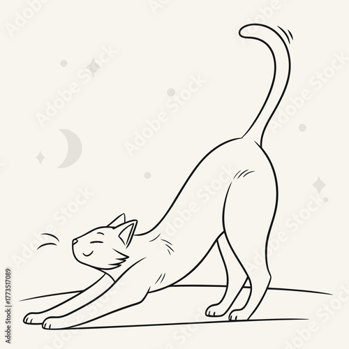 Stretching cat with closed eyes
