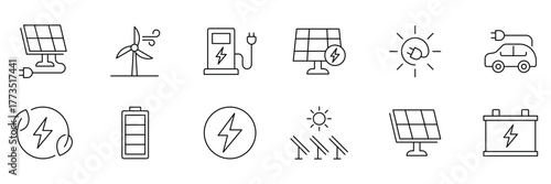 Ecology line icons set. Solar Energy icon set. Electricity symbols, renewable power. Thin line style of environment related icons: sustainable future, recycling, green energy, and more. 