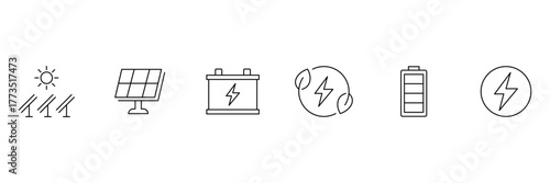 Ecology line icons set. Solar Energy icon set. Electricity symbols, renewable power. Environment related icons: sustainable future, recycling, green energy, and more. 