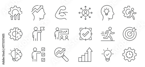 Upskill Web Icon Set in Line Style. Team Development Icons. Including training, learning, development, knowledge, growth, course, and workshop. Vector illustration.