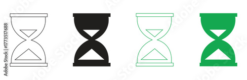 Four hourglass icons in different styles outline, black, green, and outline with green fill