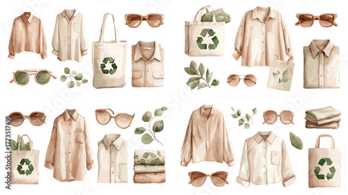 Watercolor illustration of eco fashion items including shirts, sunglasses, tote bags, and leaves. Minimalist sustainable lifestyle concept with neutral earthy tones.