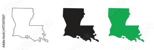 Outline, black, and green silhouette map of louisiana
