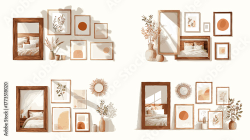 Modern interior wall frame illustration with mirrors, plants, and art prints. Warm minimalist home decor concept with cozy aesthetic tones and natural light.