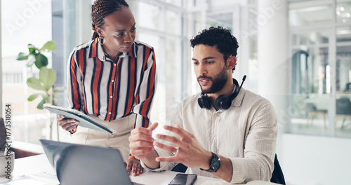 Canvas Print Corporate, people and talk with laptop in call centre for training, customer support and crm advice