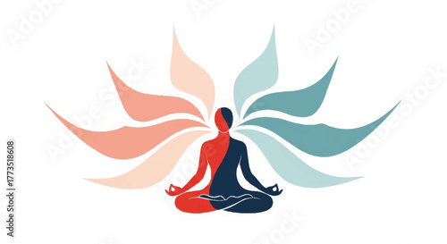 Meditation and mindfulness vector illustration. A minimalist figure in a lotus pose symbolizing balance and duality. Flat design graphic for wellness and spirituality