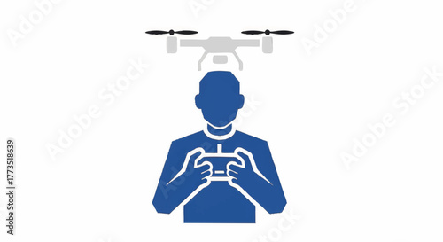 Drone operator icon. Minimalist vector illustration of a person piloting a quadcopter. Flat design symbol for UAV technology isolated on white background.
