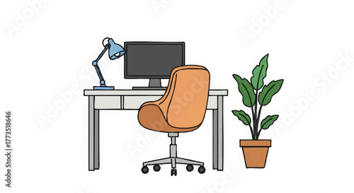 Modern home office workspace illustration. Desk setup with a computer, lamp, and swivel chair. Flat design vector graphic isolated on a white background