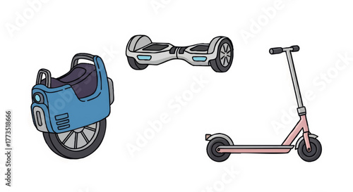 Micromobility vehicle icon set. Vector illustration of an electric scooter, hoverboard, and unicycle. Cartoon style urban transport graphics