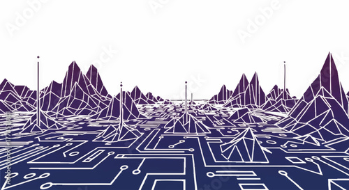 Digital wireframe landscape illustration. Abstract polygonal mountains on a circuit board grid. Futuristic technology and virtual reality concept