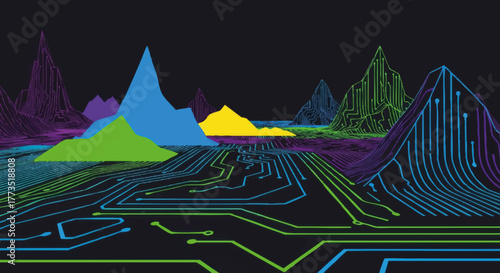 Vector illustration of a futuristic digital landscape. Abstract data visualization with neon circuit lines and mountains.