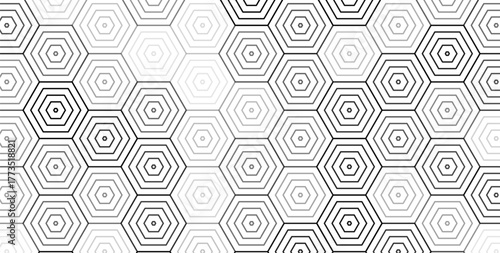 Concentric Hexagonal Pattern, Line Hexagon Geometric Background, Outline Honeycomb Texture BG. Linear Hex Backdrop Wallpaper. White Minimalistic Abstract Backgrounds. Vector Illustration