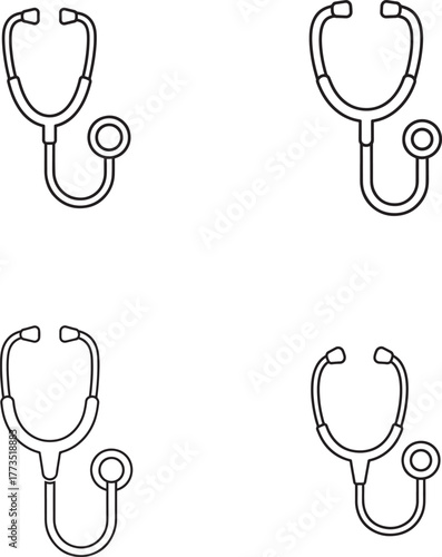 Four hand drawn stethoscope icons representing medical care and healthcare services