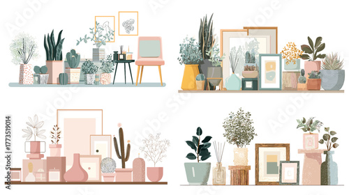 Stylish botanical home decor illustration with plants, vases, and picture frames. Modern minimalist design combining greenery and cozy lifestyle aesthetics.