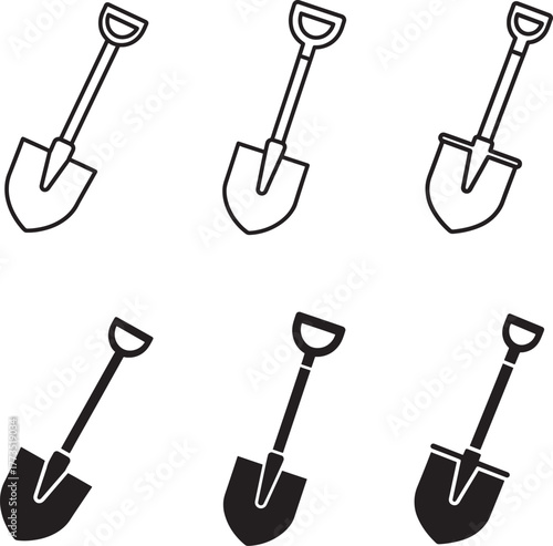 Collection of shovel icons in outline and solid fill styles