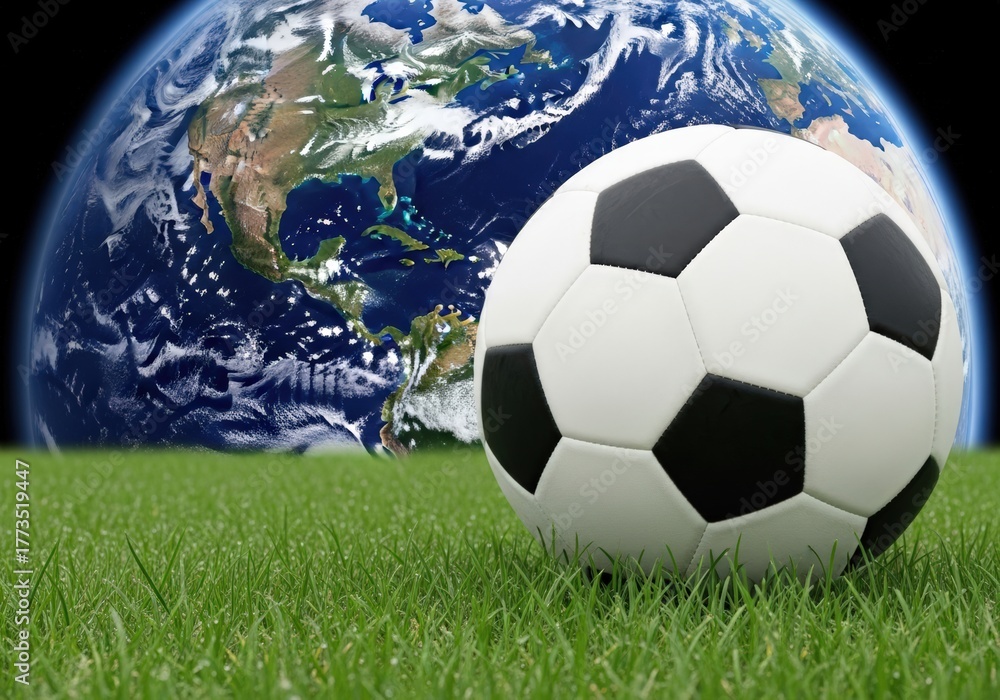 Naklejka premium Soccer ball on green grass with planet earth in the background