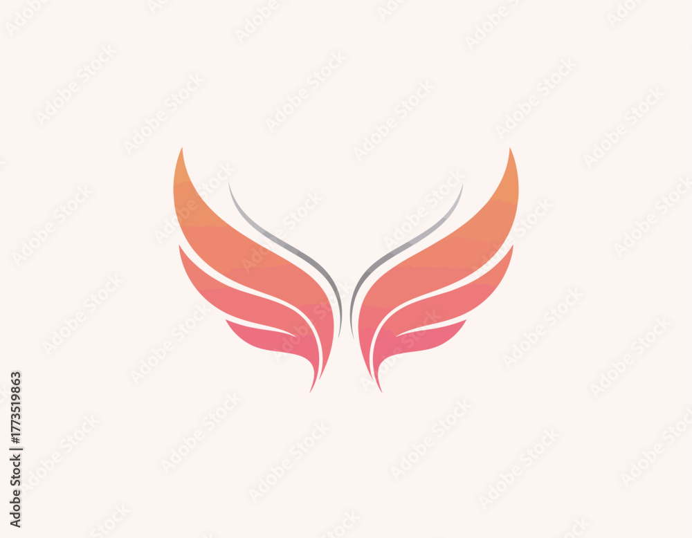 Fototapeta premium This image features a pair of beautifully designed wings that are colored in a gradient from orange to pink, symbolizing freedom and creativity in brand identity.