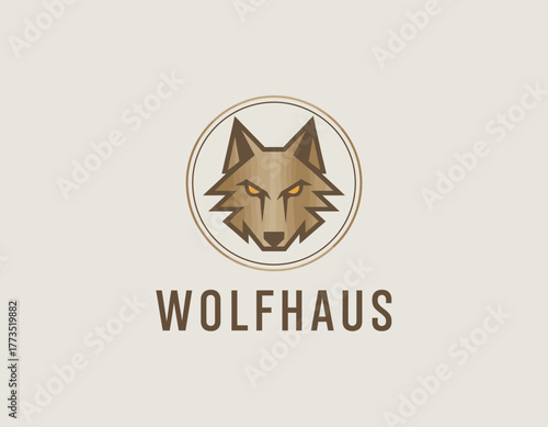 A fierce and modern wolf head logo featuring warm tones and sharp lines, perfect for branding in industries like wilderness, adventure, or pet care.