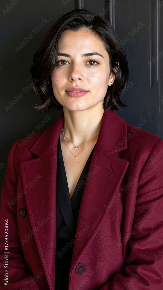 Fototapeta premium a brunette woman with short hair wearing a dark red bordeaux coat on a black wall background, fashion photography, fall winter collection