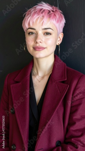 a woman with pink hair wearing a dark pink purple  coat on a black wall background, fashion photography, fall winter collection